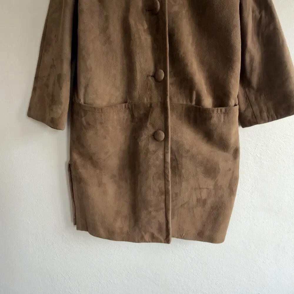 Vintage 1960s Camel Suede Collarless Swing Coat Covered Buttons Mid Century Sz 8 - Picture 3 of 12